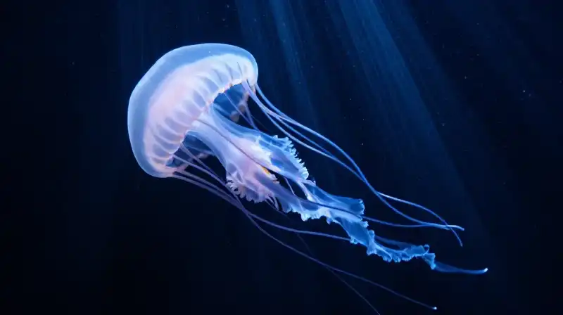 A glowing jellyfish floats through the dark, deep ocean
