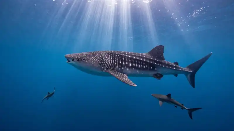 A massive whale shark glides beside a sleek mako shark