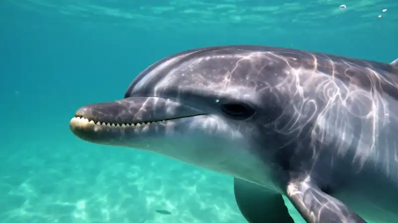 A dolphins profile shows sharp teeth amidst swirling bubbles