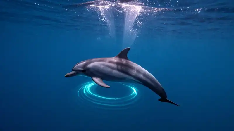 An intelligent dolphin emits glowing sonar ripples in the abyss