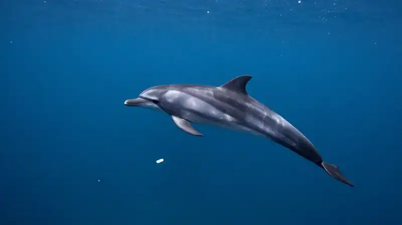 A lonely dolphin swims through a vast, plastic-filled ocean