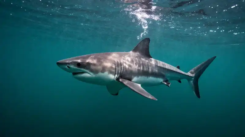 A majestic great white shark swims through glowing teal depths