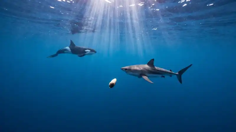 A great white shark investigates an object in deep water