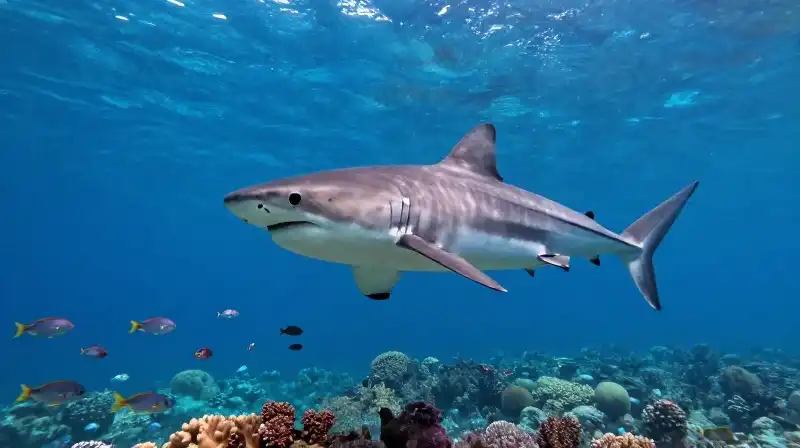 A majestic great white shark swims through a vibrant reef