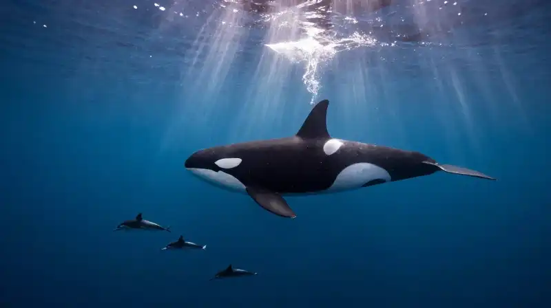 A massive orca swims gracefully through shimmering dolphin schools