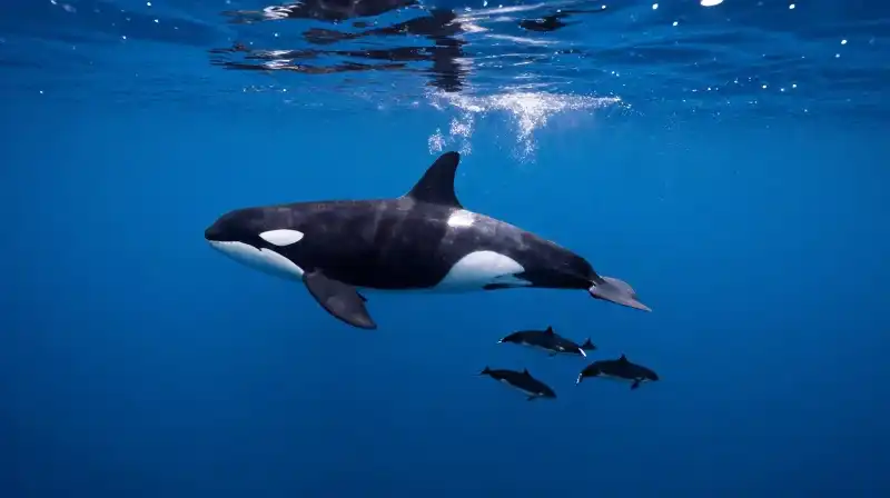 An elderly orca leads her calves through deep blue waters