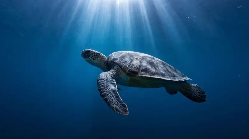 A majestic prehistoric sea turtle swims through deep blue waters