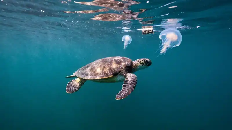 A sea turtle swims through plastic debris in deep teal water