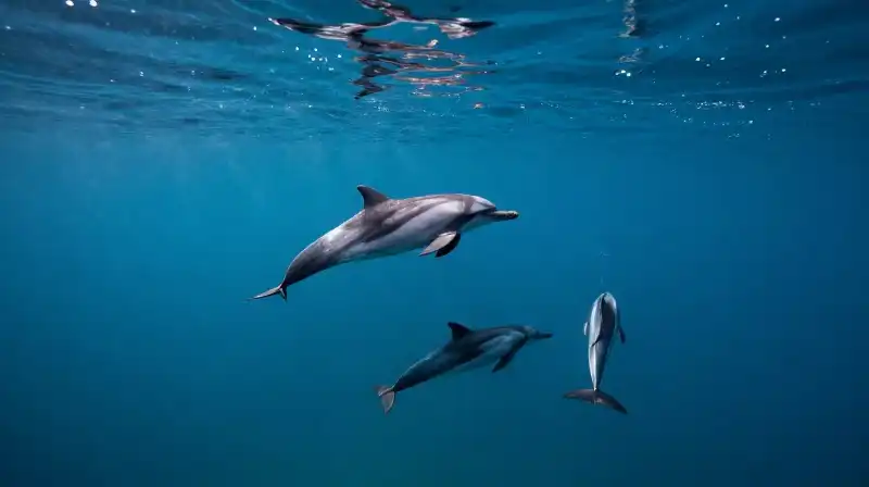 Various dolphins swim through sunlit coastal and deep ocean waters