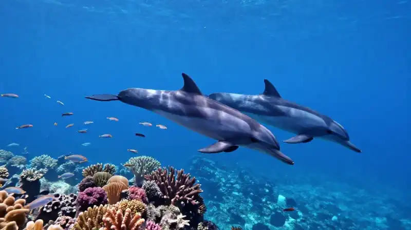 Dolphins swim through vibrant coral reefs and shimmering fish