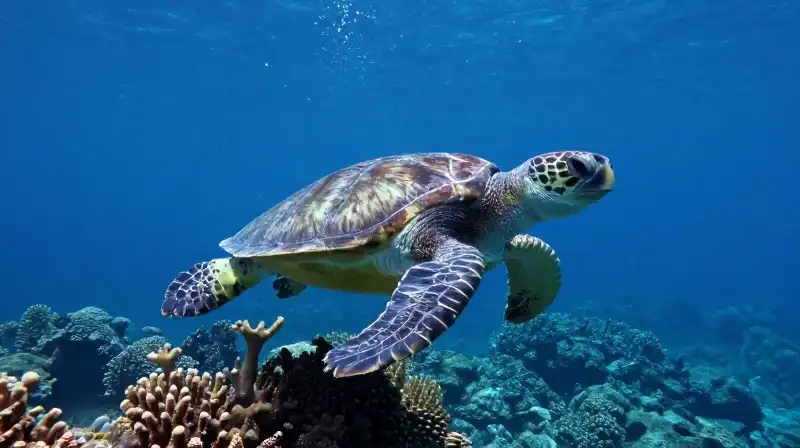 A majestic sea turtle swims through a glowing coral reef