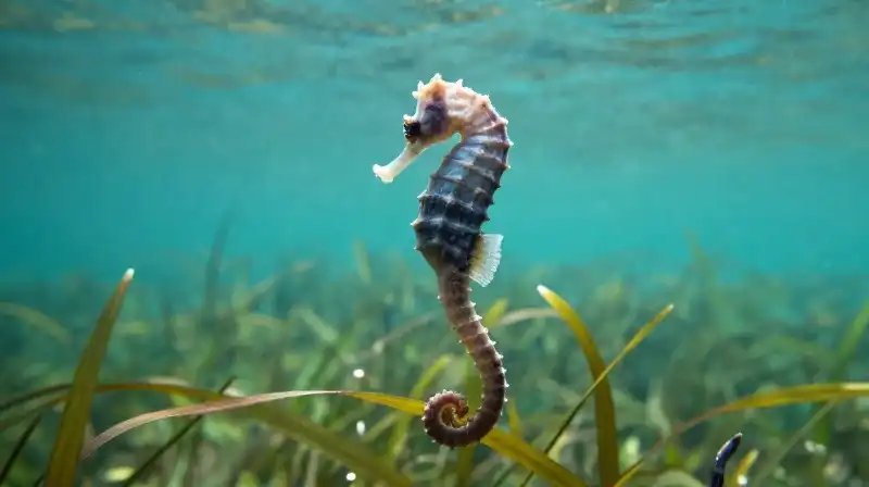 A translucent seahorse swims upright through swaying turquoise seagrass