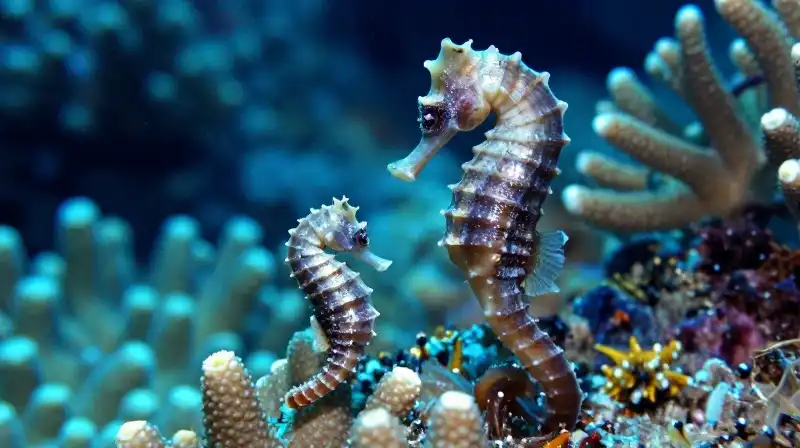 A tiny pygmy seahorse sits beside a much larger one