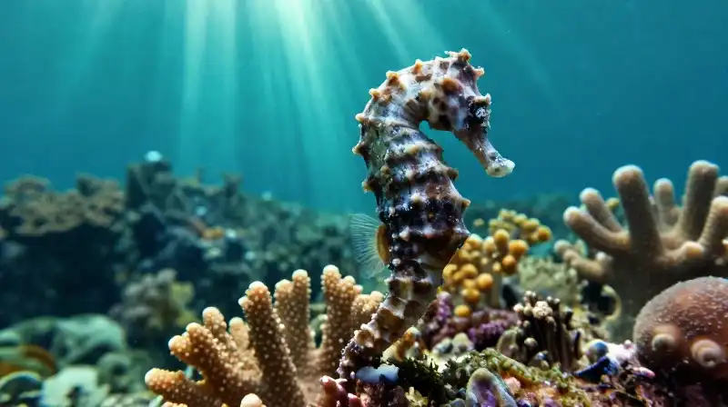 A camouflaged seahorse clings to coral in a vibrant reef