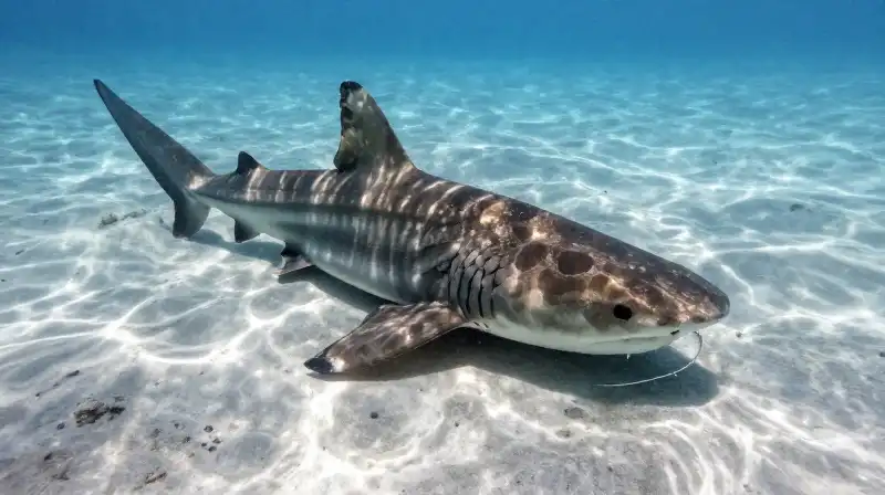 A camouflaged angel shark rests on the sandy ocean floor