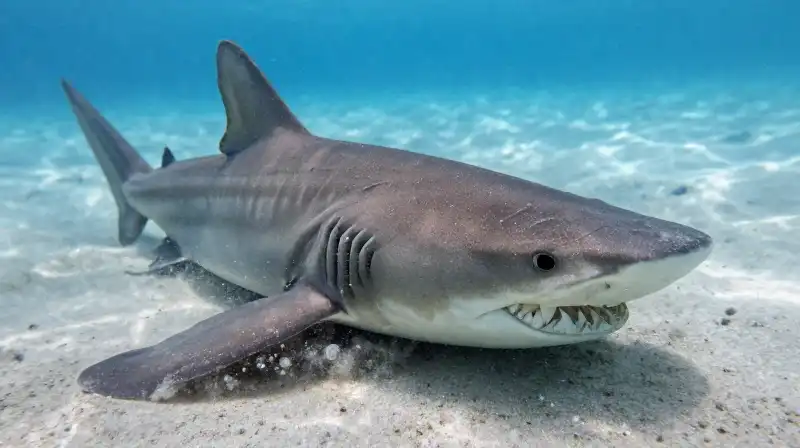 An angel sharks teeth visible amidst swirling sandy seabed silt