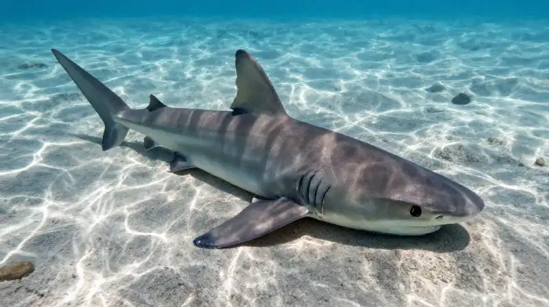An angel shark rests partially buried in shimmering seabed sand