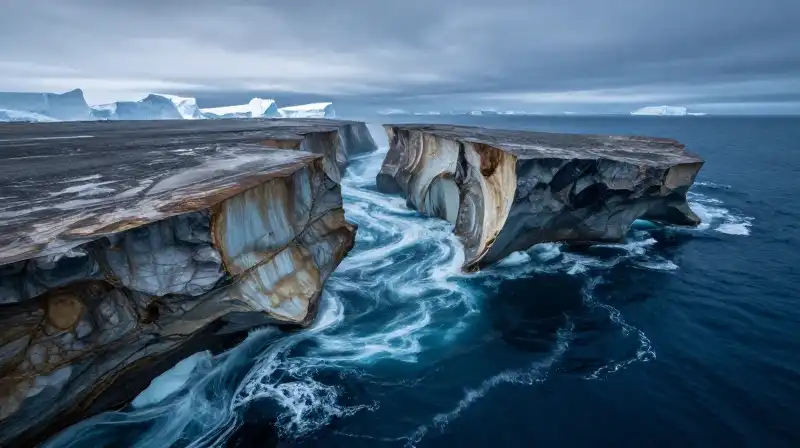 Deep blue Antarctic waters swirl as tectonic plates diverge