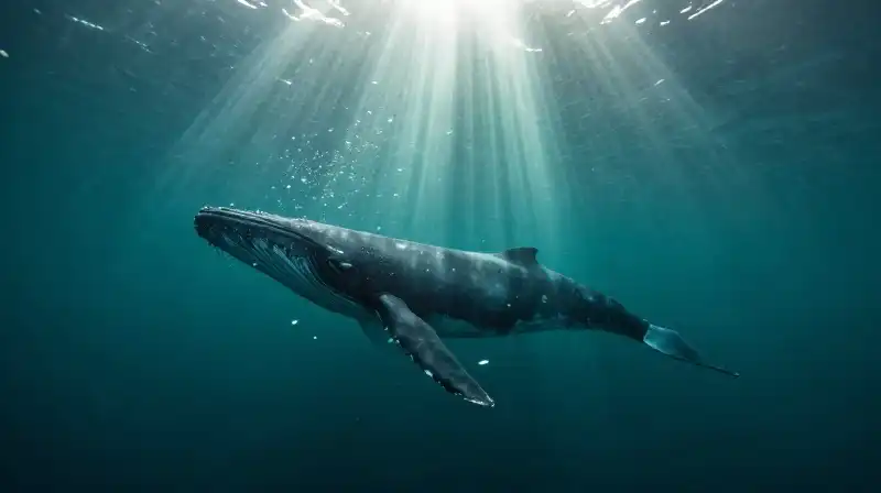 A massive blue whale silhouette swims through glowing teal waters
