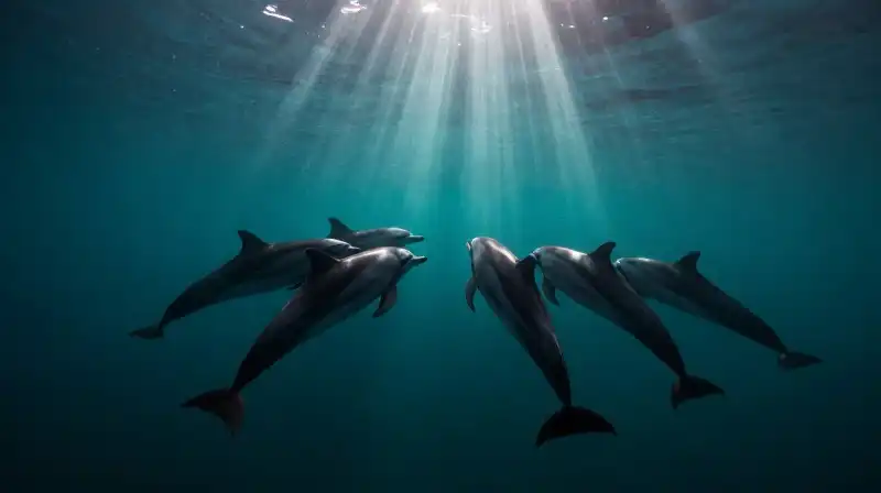 Male dolphins silhouette around a female in dark, deep waters