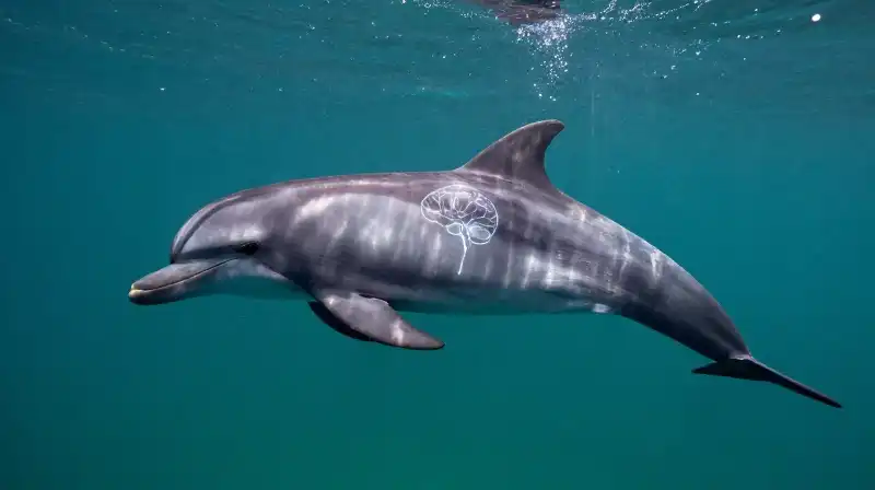 A dolphin sleeps with one eye open in teal waters
