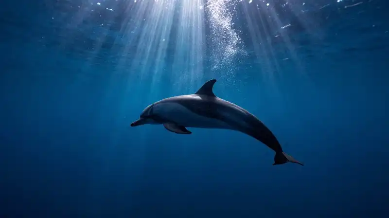 A powerful dolphin silhouette swims through a dark, shimmering abyss