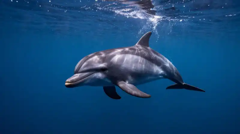 A powerful dolphin stares intensely through swirling blue currents