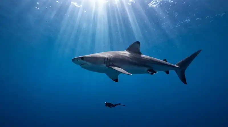 A massive basking shark swims past a tiny diver