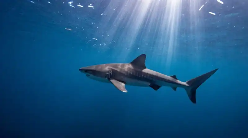 A large basking shark swims through shimmering, deep blue abyss