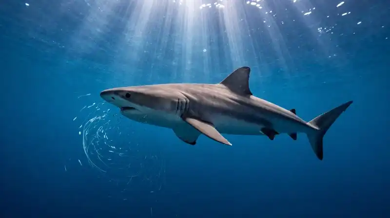 A massive basking shark swims through a deep blue abyss