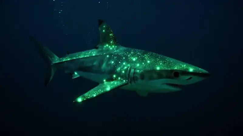 A cookiecutter shark glows green in the dark abyss