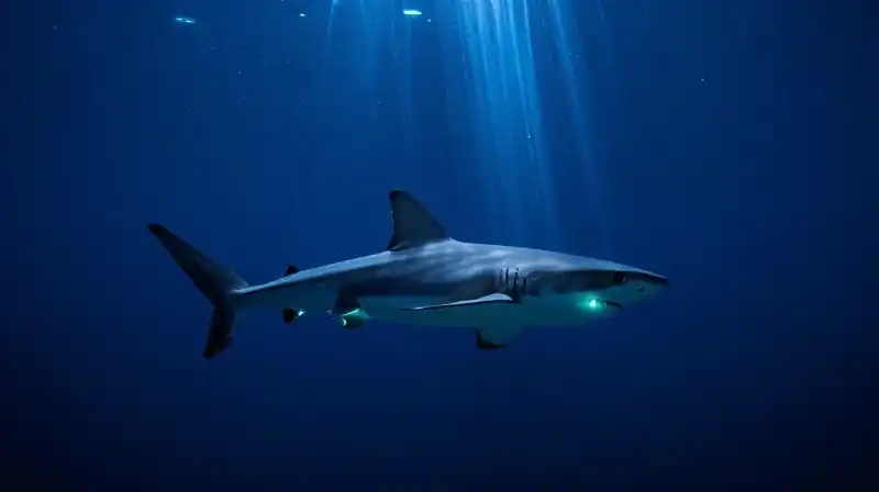 A glowing cookiecutter shark swims through the dark abyss