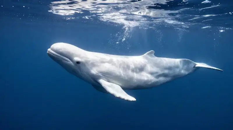 A massive white beluga swims through deep blue arctic waters
