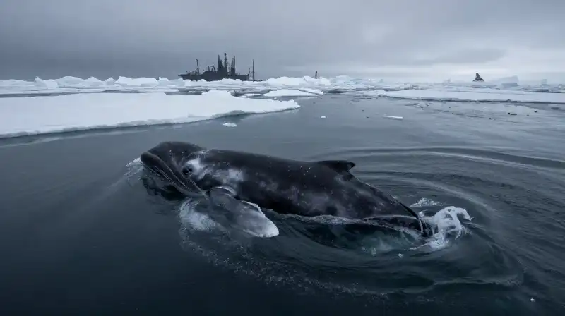 A beluga whale swims through icy, murky Arctic waters