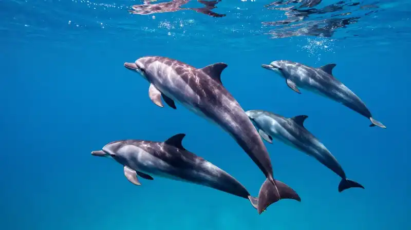 Diverse dolphins swim through sunlit, deep blue ocean waters