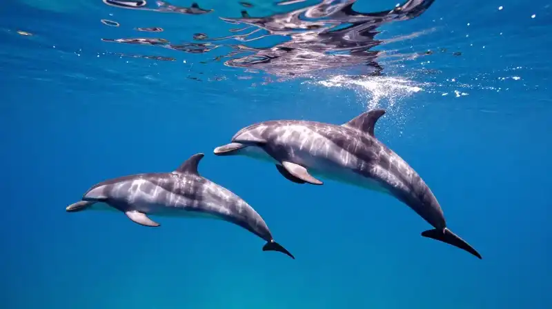 Diverse dolphins swim through sunlit, rippling blue ocean waters