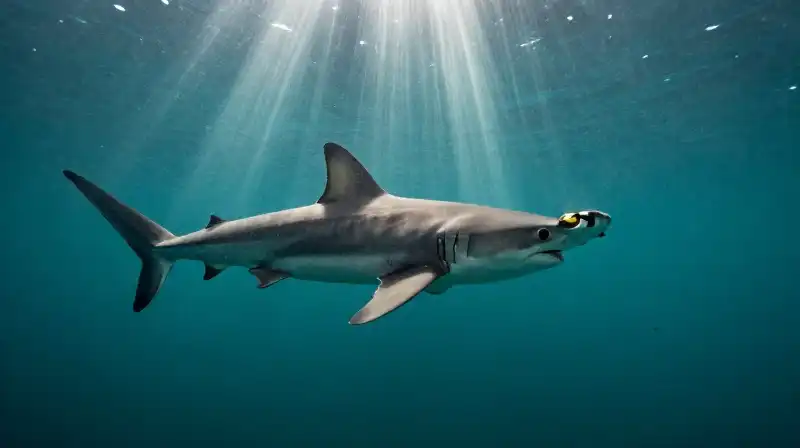A hammerhead shark swims through teal water with sunbeams