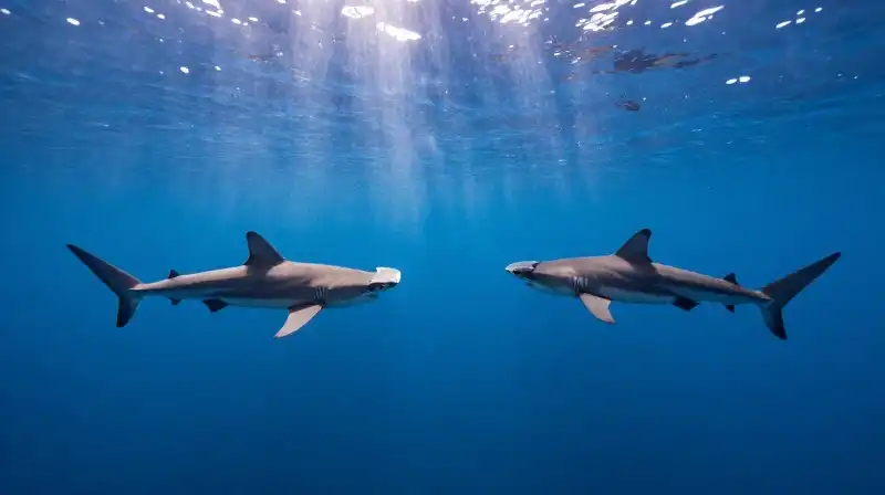 Various hammerhead sharks swim through sunlit, deep blue water