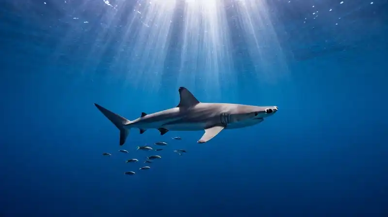 A majestic hammerhead shark swims through sunlit deep blue waters