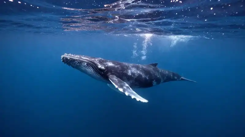 A large humpback whale swims through shimmering, deep blue water