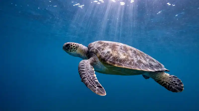 A massive leatherback turtle glides through shimmering deep blue water
