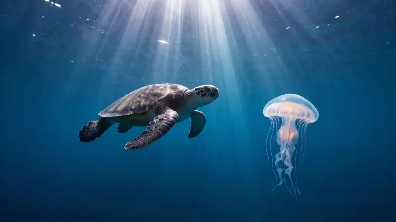A leatherback sea turtle swims toward drifting, translucent jellyfish