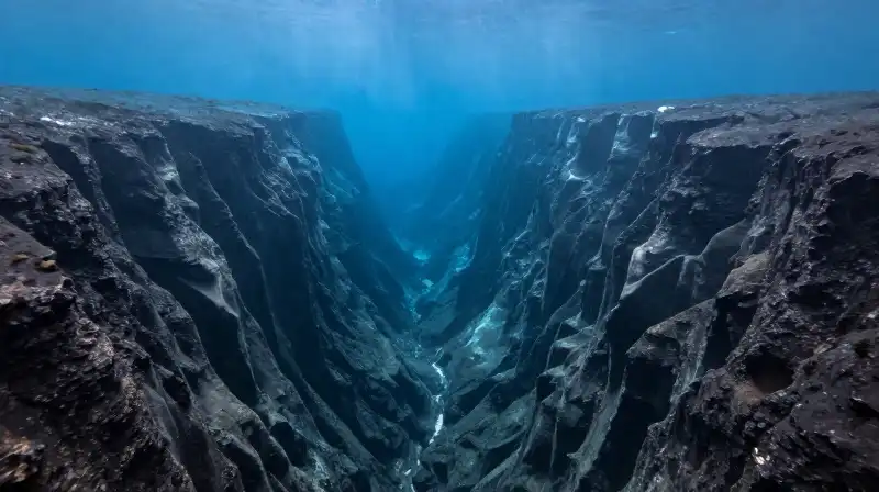 Light filters through deep blue water over a rugged canyon