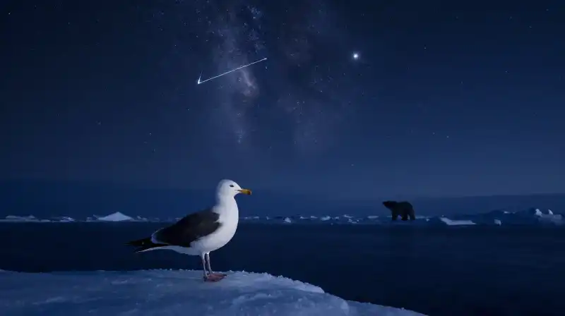 An ivory gull perches on ice under starlit skies