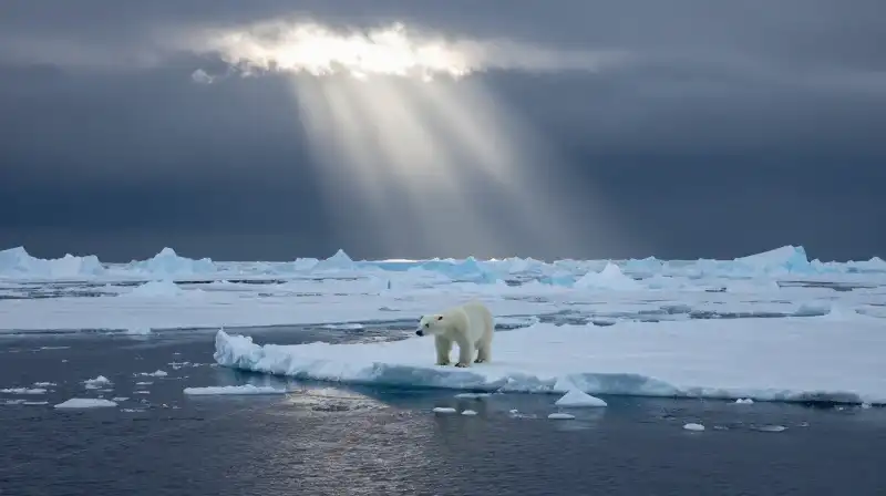 A solitary polar bear sits on a small, melting ice floe