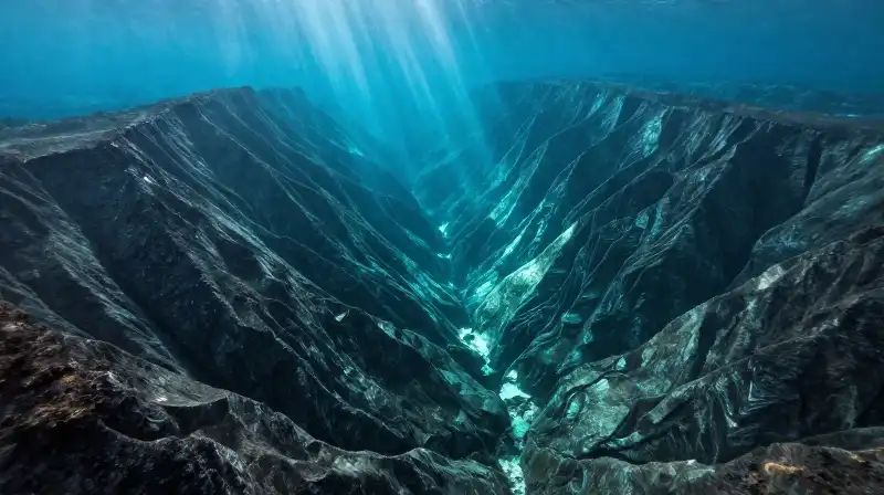 Sunlight pierces through teal water above vast underwater mountains