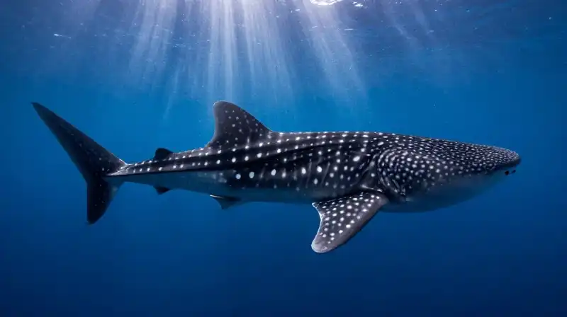 A massive spotted whale shark swims through sunlit deep blue