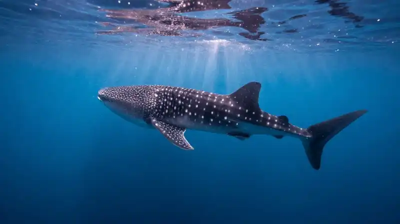 A gentle whale shark feeds on glowing plankton underwater