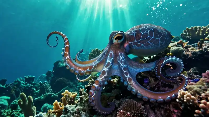 A glowing octopus drifts through a vibrant coral reef