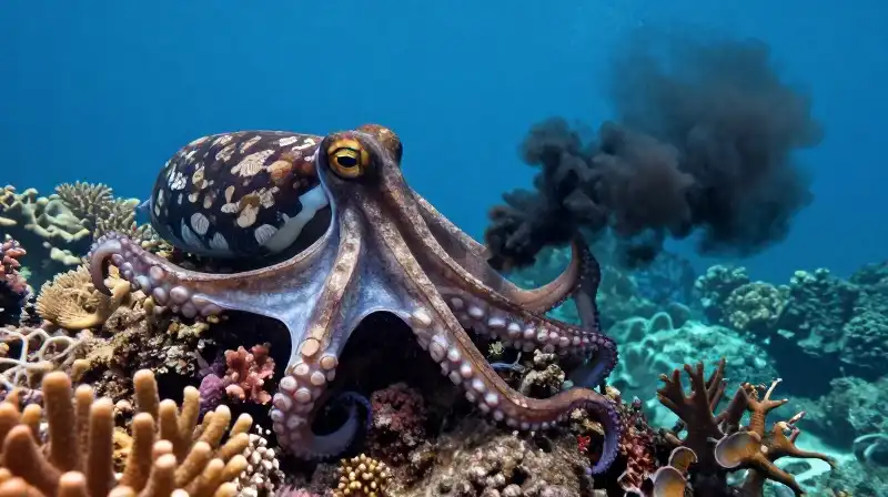 An octopus camouflages amidst vibrant coral and dark ink